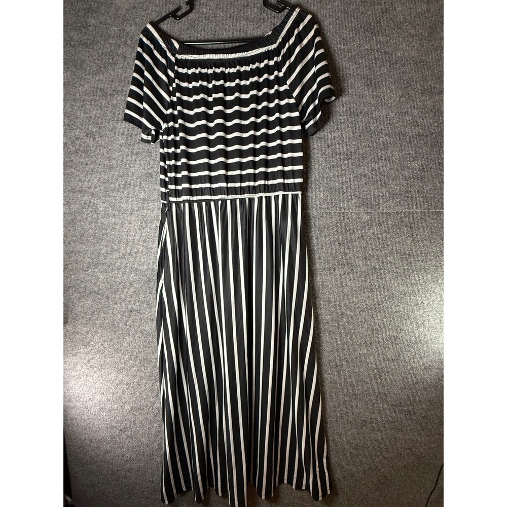 Unbranded Black White Striped‎ Off-Shoulder Maxi Dress XL Short Sleeve Casual